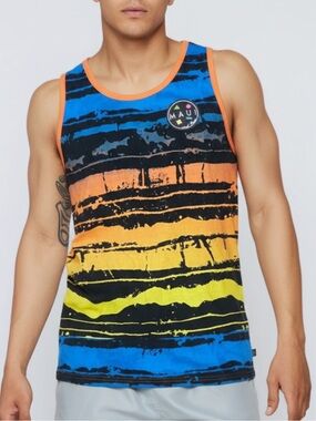 Maui and Sons Mens Striped Tank Top Blue Orange Yellow Surf Skate Large NWOT